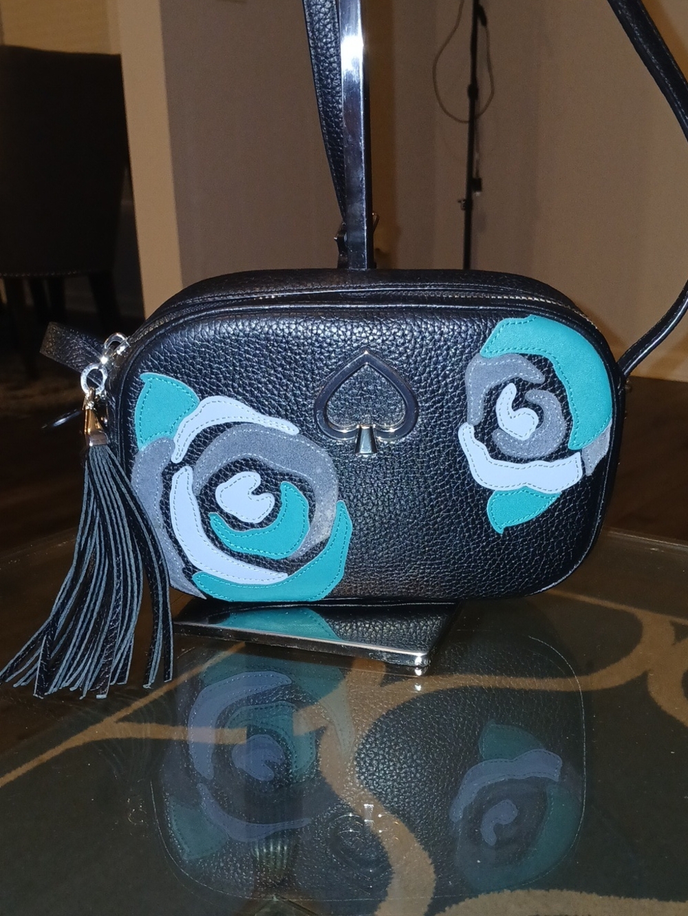 kate spade Black Crossbody with Teal & Gray Floral Appliqué